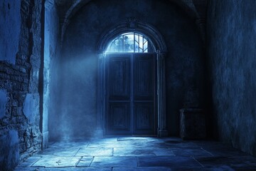 Obraz premium Dark, ancient hallway with a door. Moonlight streams in