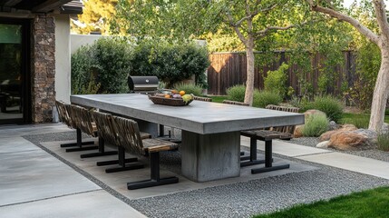 Concrete outdoor dining table, backyard setting, sunset,  landscaped garden,  family gathering