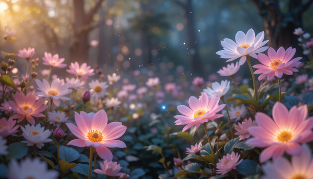 Pixelised Pink Flower Meadow In A Forest At Sunrise