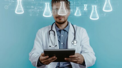 Scientist conducting experiments in laboratory medical research digital innovation clean environment focused perspective