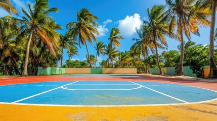 A tropical basketball court with palm trees surrounding the painted asphalt and clear blue sky