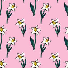 Retro groovy floral pattern with daffodils. Vector illustration.