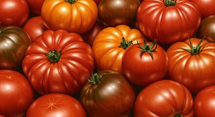 A colorful assortment of ripe tomatoes piled together.