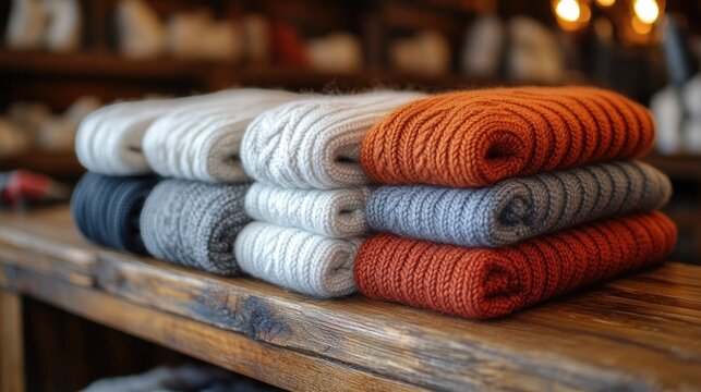 Neatly Stacked Knitted Woolen Beanies Arranged Harmoniously on Wooden Surface