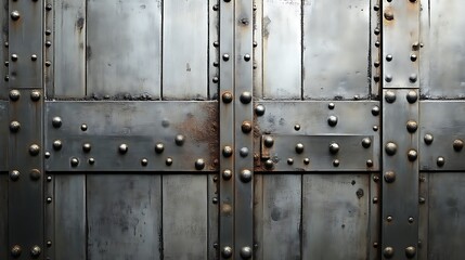 Weathered metal door with rivets and panels.