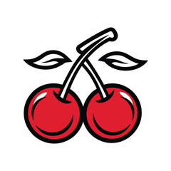 Two red cherries with stems and leaves