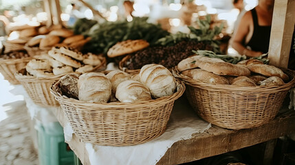 Freshly baked bread in wicker baskets at a market stall.