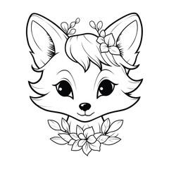 Cute fox head with floral elements line art illustration