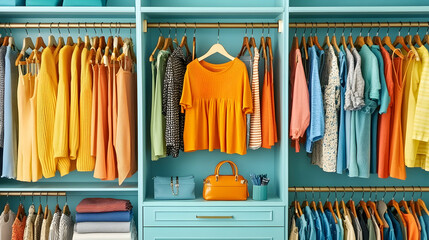 Organized closet with colorful clothes, neatly arranged on hangers, and accessories on a shelf.
