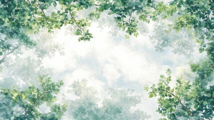Fototapeta premium Blank background illustration of Lush green tree branches framing bright sky with soft clouds, creating serene atmosphere with copy space and negative space for text