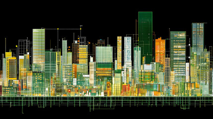 Obraz premium Abstract cityscape at night, illuminated buildings, digital art.