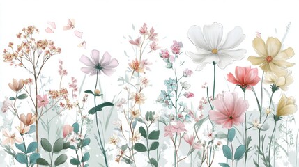 Beautiful seamless floral water color pattern Set, watercolor wild flowers, leaves and grass,Collection botanic garden elements. Vector isolated illustration in rustic or vintage style,copy space.