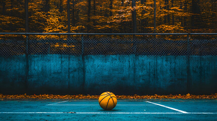 Basketball sits alone on an autumn outdoor court.