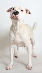 Obraz premium Pale Pup Pose: A cream-colored American Pit Bull Terrier mix with pink nose and alert eyes stands confidently with raised tail on a clean studio floor.