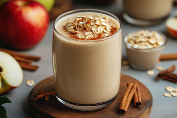 Creamy apple cinnamon smoothie topped with oats in glass, surrounded by fresh apples and cinnamon sticks, creating cozy autumn vibe