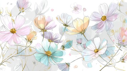 Beautiful seamless floral water color pattern Set, watercolor wild flowers, leaves and grass,Collection botanic garden elements. Vector isolated illustration in rustic or vintage style,copy space.