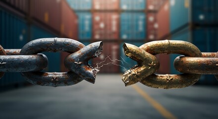 Supply Chain Disruption Metaphor: Close-up of Broken Rusty Chain Link, Trade War Economic Impact Concept, Photorealistic