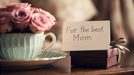 Pastel Mother's Day Scene with Teacup, Roses, and Gift Box