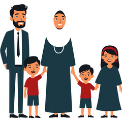 Flat cartoon illustration of a Muslim family with father, mother in hijab, son, and daughter. Perfect for Islamic content, family themes, education, Ramadan promotions, or cultural diversity visuals.
