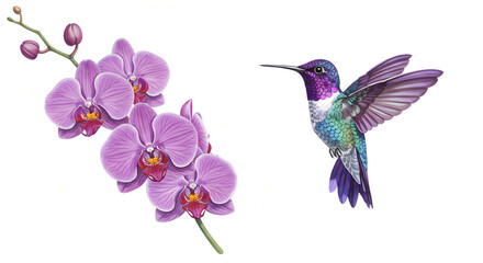 A vibrant hummingbird with iridescent purple and blue feathers flies