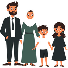 Flat cartoon Muslim family with father, mother in hijab, two sons, and a daughter. Ideal for Islamic content, family education, cultural diversity, religious holidays, and community-themed projects.