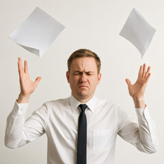 An office worker expresses frustration by throwing sheets of paper into the air. A symbolic image capturing burnout, job stress, and emotional overwhelm in the modern workplace.