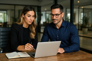 Professional man and woman collaborating at desk with laptop notebook and pen in modern office