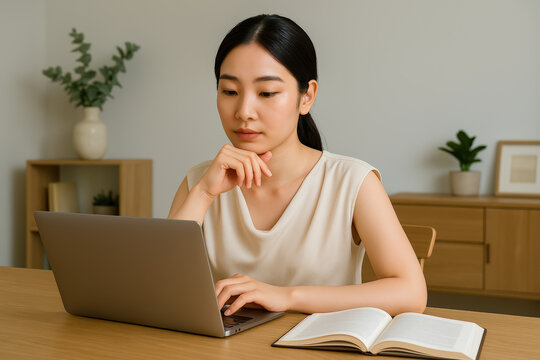 Woman working laptop wooden desk with open book surrounded by minimalist home office setting