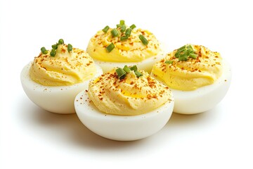 A realistic photo of Deviled Eggs, hyper-realistic, isolated on white