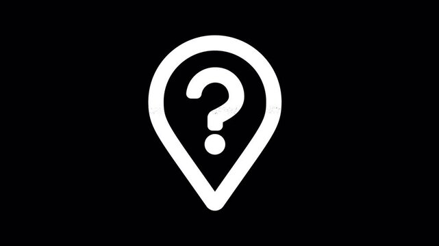 Icon map marker question is distorted. Glitch. Noise, chromatic aberration, geometric distortion. Transparent background, looped. In-Out looped. Alpha BW at the end