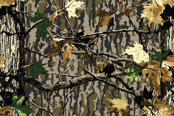 Camouflage seamless pattern. Forest real tree camouflage design. Hunting camouflage. Digital camo. Vector camouflage background