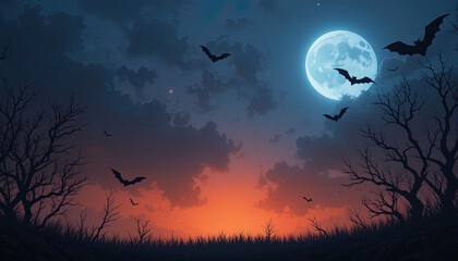 This image depicts a spooky Halloween night with a large moon, silhouetted bats, and barren trees.