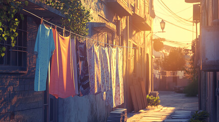 Naklejka premium Laundry hanging on line in alley afternoon light