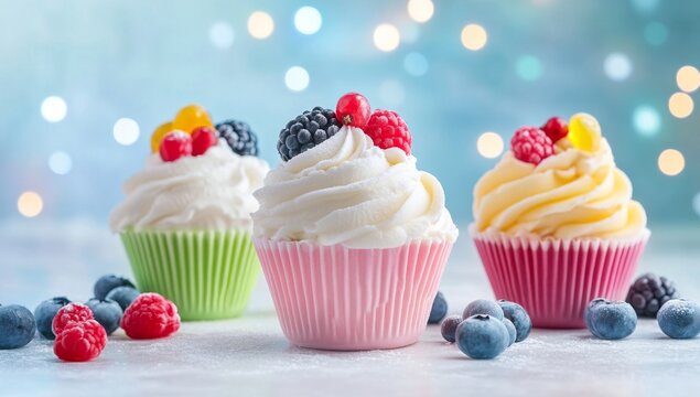 Three colorful cupcakes decorated with fresh berries and whipped cream