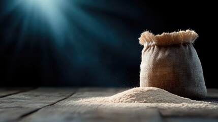 Rustic burlap sack of flour on wooden table