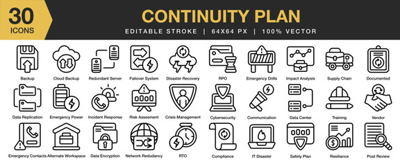 Continuity Plan icon set. Editable Stroke Icon Collection. Includes plan, business, management, strategy, continuity, risk, disaster, and More. Outline icons vector collection.