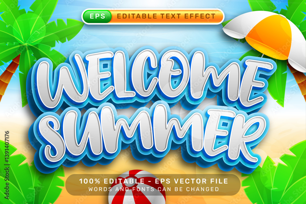 Poster welcome summer 3d text effect and editable text effect with a beach background