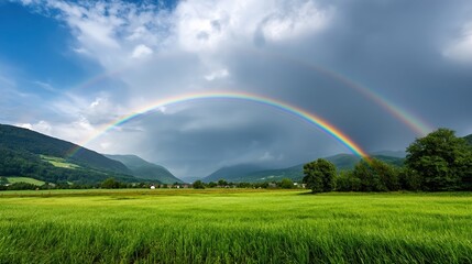 Naklejka premium A vibrant double rainbow arcs over lush green fields and mountains under a partly cloudy sky, creating a picturesque natural landscape.