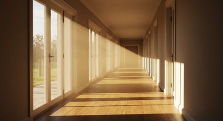 Fototapeta premium Sunlit Hallway Warm Wooden Floor. AI Generated