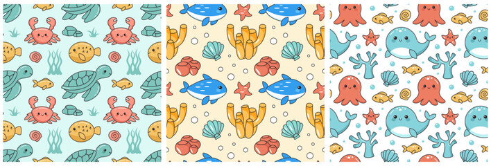 Seamless Ocean Pattern Design Featuring Decorative Marine Life Elements in a Cartoon Flat Style Illustration Template
