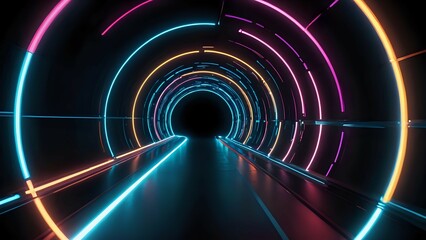Futuristic Neon Tunnel with Glowing Blue and Orange Lights