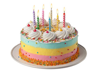 delicious white frosted birthday celebration cake with bright multicolored candles and confetti sprinkles for festive party dessert photography

