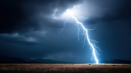 A dramatic lightning strike illuminates a dark sky above a vast landscape, showcasing the power of nature in a stormy setting.
