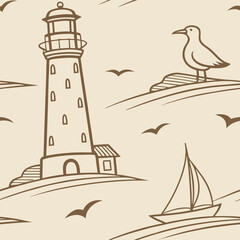 Vector seamless pattern lighthouse and sailboat pattern on beige background  