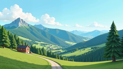 Macedonian Scenic Highlands show beautiful mountainous landscape with blue sky, green trees, winding road, two red-roofed houses. Concept of tranquility in Macedonian Scenic Highlands.