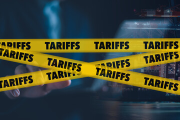 Tariff barrier Concept, America tariffs on global, Crisis, Trade and economic war, with Trade shipping containers in port with yellow traffic sign up tariffs