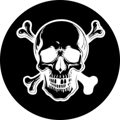 Stylized skull and crossbones emblem against a dark circular backdrop