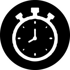 Monochrome depiction of a stopwatch enclosed within a circular boundary