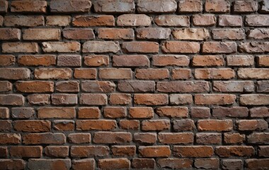 Obraz premium A weathered brick wall featuring a mix of red and brown bricks, showcasing several noticeable cracks that add character and texture, illuminated by soft, natural light.