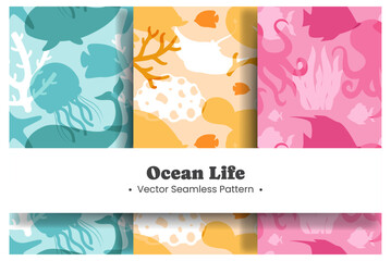 Naklejka premium Seamless Ocean Pattern Design Featuring Decorative Marine Life Elements in a Cartoon Flat Style Illustration Template
